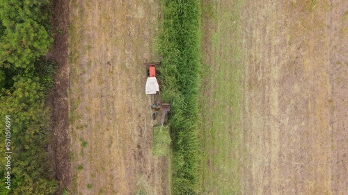 An aerial view shows a pull-type forage harvester operating in a Napier grass field on a small-scale farm in Thailand, Asia. The grass is cultivated as self-produced livestock feed.