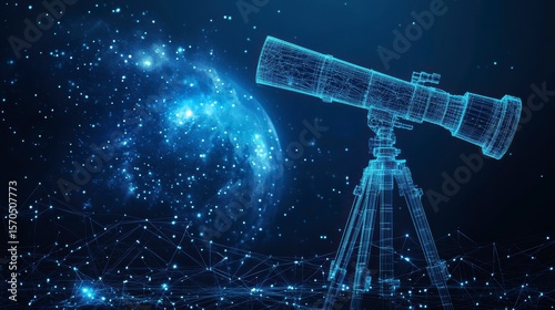 Wireframe telescope observing a glowing planet against a dark, starry night sky.