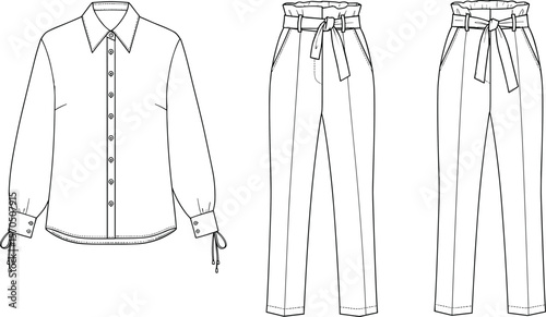 Women’s blouse and belted pants fashion technical flat sketch vector template, shirt with tie cuffs and paperbag pants