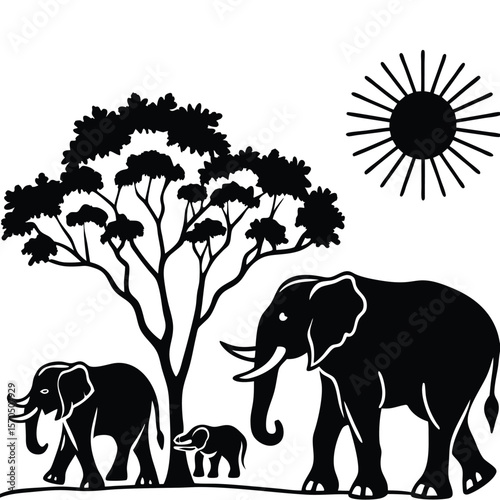 African savanna scene with a family of elephants and a stylized sun silhouette