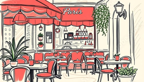 Cozy Parisian bistro cafe, red accents, sketched vector illustration,   market,  building