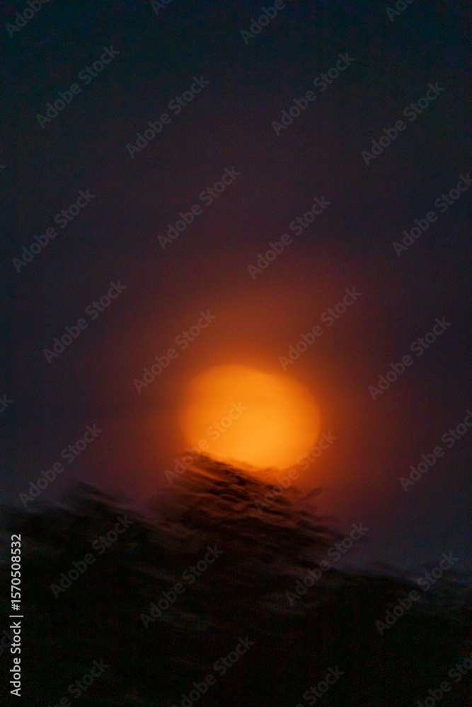 Fototapeta premium Golden hues radiate as the sun sets, shrouded by soft clouds and silhouetted trees