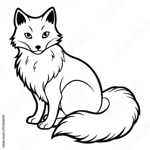 Stylized black and white illustration of a sitting arctic fox silhouette