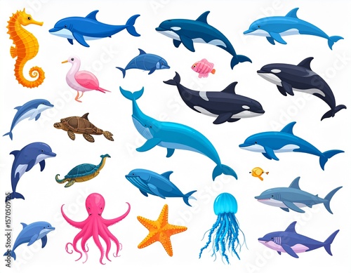 animal, cartoon, sea, ocean, fauna, marine, aquatic, nature, wildlife, underwater, creature, fish, cute, kids, dolphin, seahorse, octopus, illustration, character, stylized, fun, vibrant, colorful, re