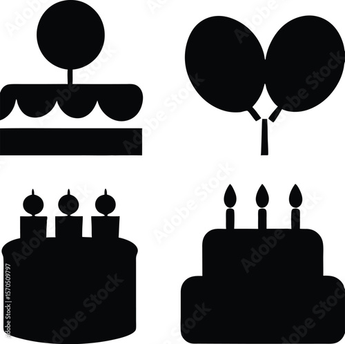 A set of four minimalist black and white silhouette icons of birthday cakes and balloons
