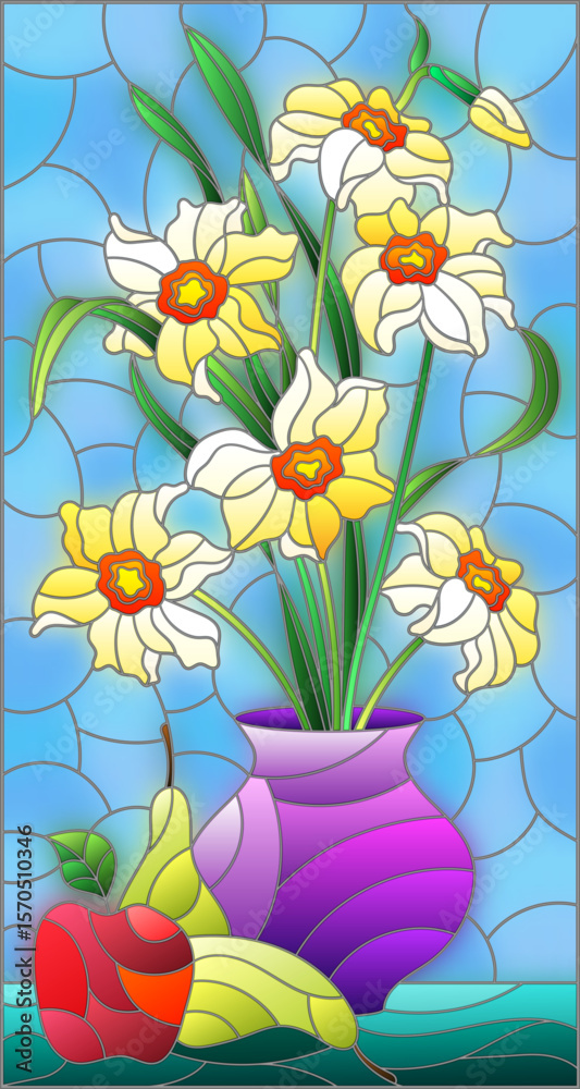 Naklejka premium An illustration in stained glass style with floral still life, vase with a bouquet of daffodils and fruit on a blue background