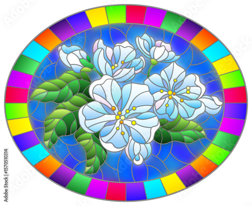 An illustration in stained glass style with a branch of cherry blossoms, flowers, buds and leaves on a blue background
