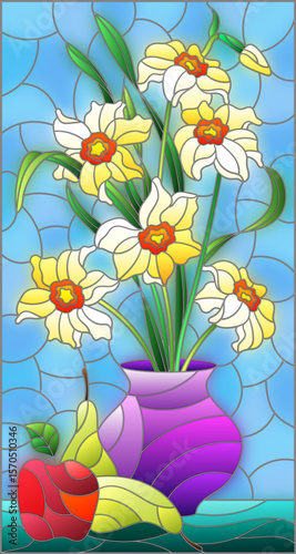 An illustration in stained glass style with floral still life, vase with a bouquet of daffodils and fruit on a blue background