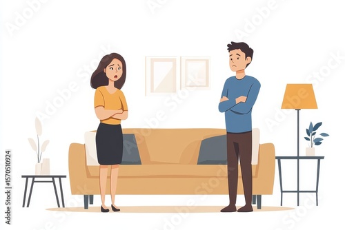 Family problems, Asian couple quarreling at home. The woman is angry at the man, while the man feels annoyed, Generative AI