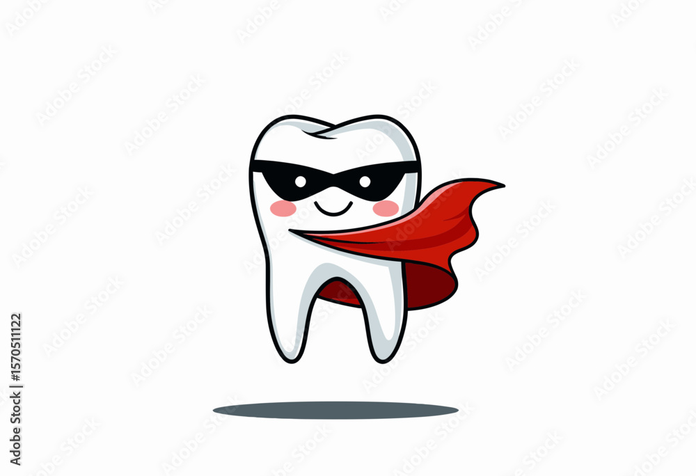 Fototapeta premium Cartoon superhero tooth character with a cape and sunglasses 