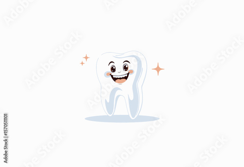Cartoon smiling tooth with sparkles on white background  