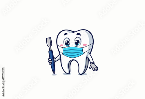 Happy cartoon tooth wearing a mask and holding a toothbrush  