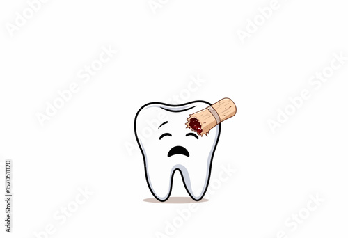 Cartoon tooth with a bandage looking sad on white background  