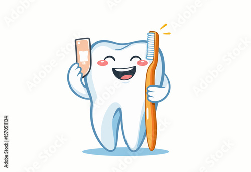 Happy cartoon tooth holding toothbrush and dental floss with smile  