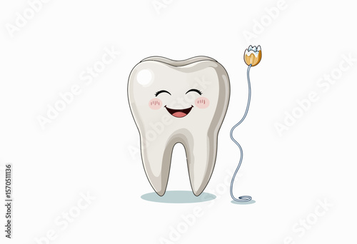 Happy tooth character smiling with dental floss and toothbrush  