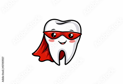 Cartoon tooth superhero character with a red cape and smiling face  