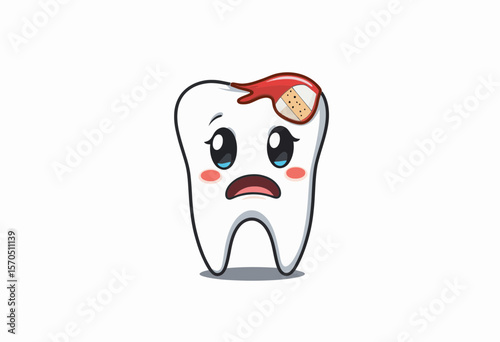 Cartoon tooth with a bandage and worried expression  