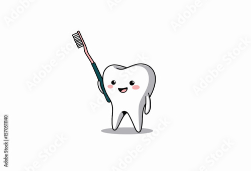 Cartoon tooth character holding toothbrush and smiling happily  