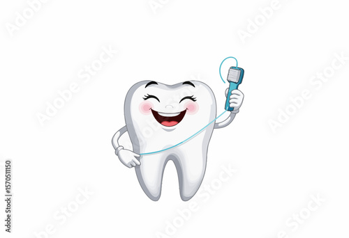 Happy tooth character holding toothbrush and smiling  