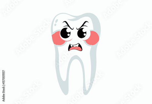Angry cartoon tooth character with facial expression on white background  