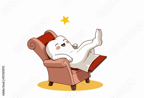 Happy cartoon ghost relaxing in armchair with star above  
