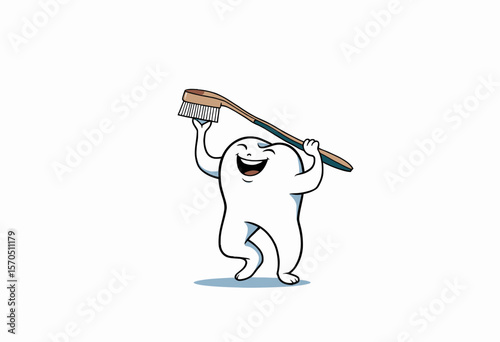 Animated tooth character holding a toothbrush and smiling happily  