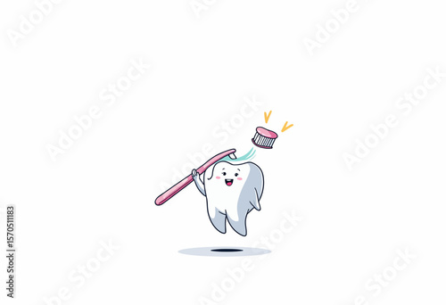 Cartoon tooth character happily brushing with toothpaste on toothbrush  