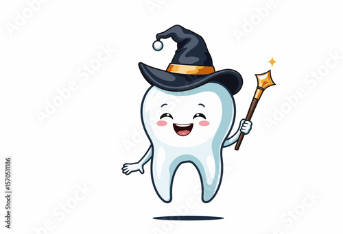 Happy tooth character in wizard hat holding magic wand  