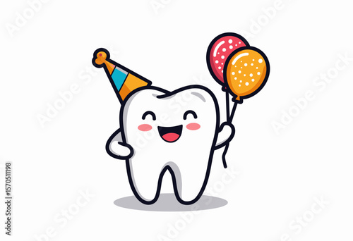 Cartoon tooth celebrating birthday with balloons and party hat  