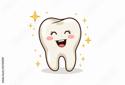 Happy smiling cartoon tooth with sparkling stars illustration  