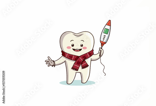 Cartoon tooth character smiling while holding a toothbrush  
