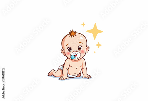 Cute baby crawling with pacifier and sparkles on white background  