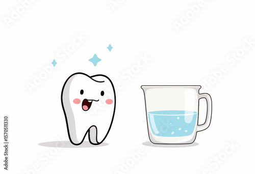 Smiling cartoon tooth standing beside a cup of water with sparkle  