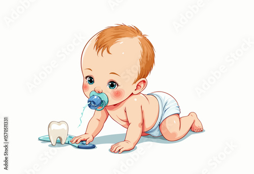Cute baby crawling with pacifier and tooth on white background  