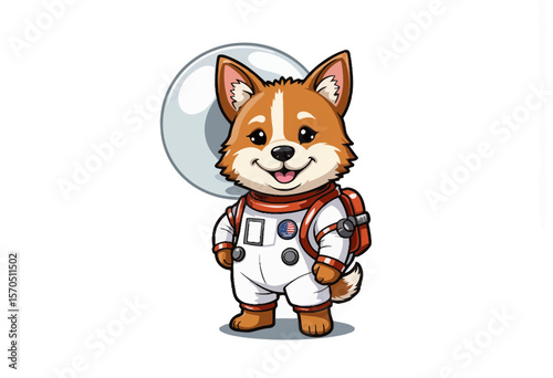 Cartoon corgi dog in astronaut suit with space helmet and backpack  