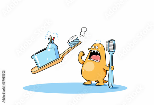 Cartoon monster holding toothbrush and yelling at floating bathroom items  