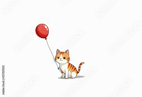 Cartoon cat sitting while holding a red balloon in its mouth  