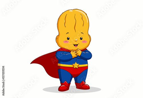 Cartoon superhero character with yellow head and red cape  