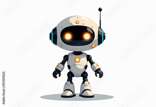 Friendly robotic character with glowing eyes and antenna on white background  