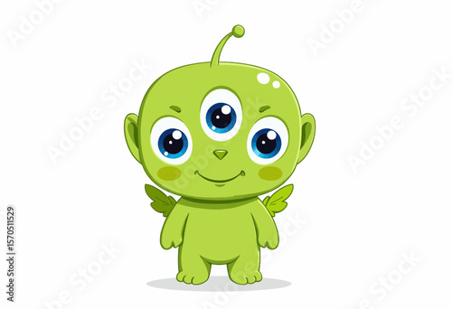 Cute green alien character with three eyes and wings smiling  