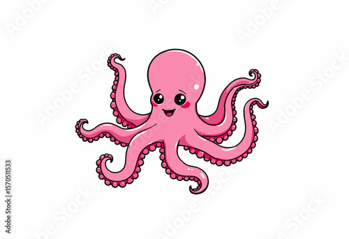 Cute pink octopus character with smiling face and eight arms  