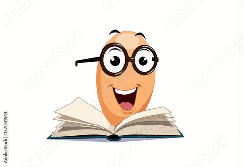 Happy cartoon worm wearing glasses and smiling above open book  