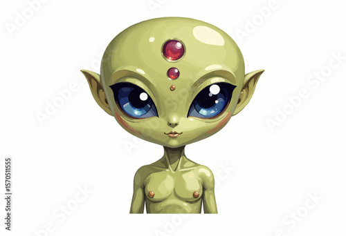 Cartoon alien character with large eyes and colorful gems on forehead  