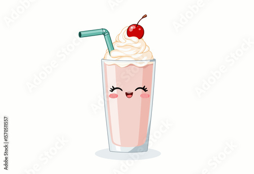 Cute cartoon milkshake with cherry and whipped cream in glass  
