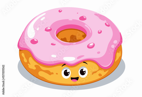Cute cartoon donut with pink icing and smiling face  