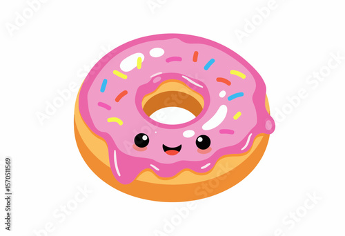Cartoon donut with pink icing and sprinkles, smiling and cheerful  