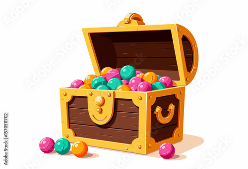 Colorful treasure chest filled with vibrant balls on white background  