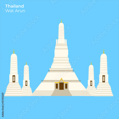 Vector Illustration of Wat Arun, a temple on Chao Phraya River, Spiritual icon of Thailand’s religious heritage, used in temple, culture, or travel themes, flat art design style.