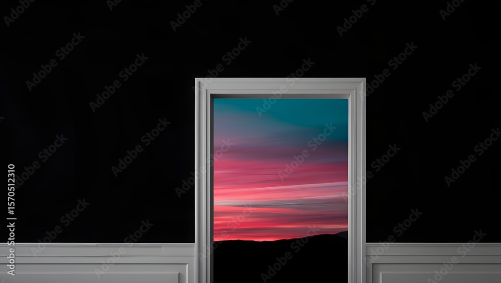 Naklejka premium A door reveals a vibrant and captivating sunset landscape with a touch of mystery. The color of the sunset through the open door are truly alluring 