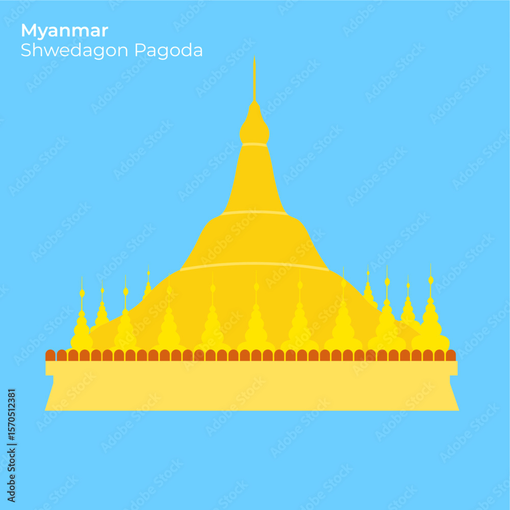 Naklejka premium Vector Illustration of Shwedagon Pagoda, golden stupa in Yangon, Myanmar’s most important Buddhist pilgrimage site,. ideal for faith, gold, and heritage visuals, flat art design style.